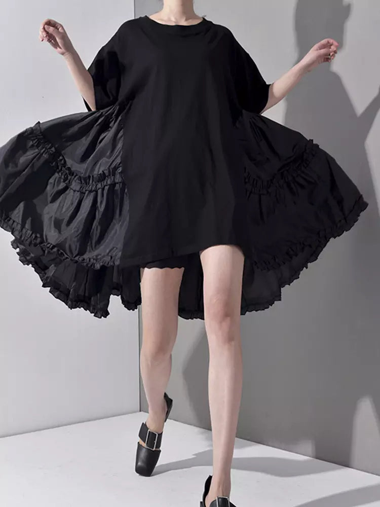 short t shirt dress with side satin ruffles